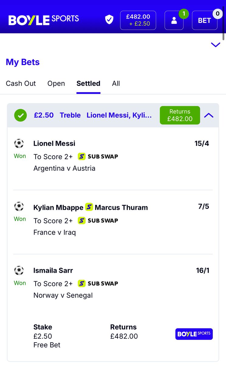 1BetsRUs's tweet photo. While the rest had  the obvious 

Mbappe 
Messi 
Haaland 

I took my chances on the 🐐 

Ismailia Sarr for the 192/1 winner 😮‍💨

✅✅✅  LETS GOO https://t.co/g1CqxmpMpp