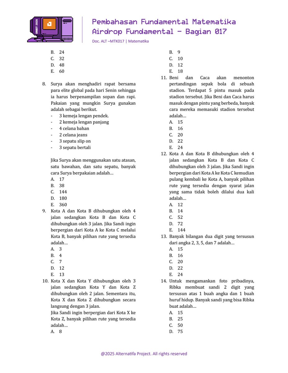 Duke1306's tweet photo. [Fundamental Matematika]
Ch:https://t.co/S3fIbrijvR

[Aturan penjumlahan dan perkalian]
🖇️: https://t.co/i3ES2JK41u
🖇️:https://t.co/FjyMuZarN2

[Pembahasan soal] 
🖇️:https://t.co/CeWuE9MLd6
🖇️:https://t.co/zoT4WIGNgT
#study #studytwt #tka #agit #snbt https://t.co/rhigEdKgVA