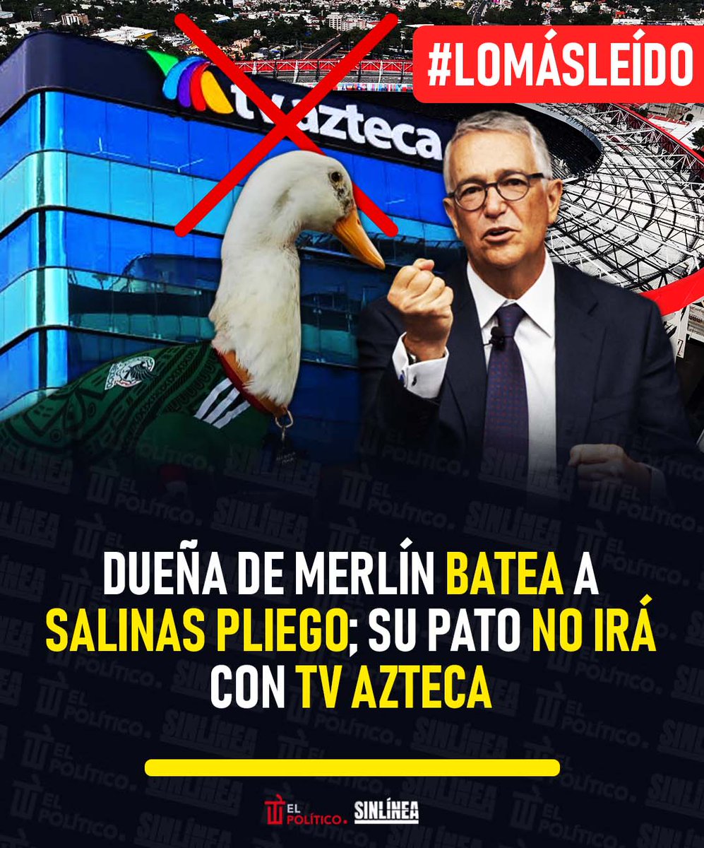 SinLinea_Mx's tweet photo. ¡Nuevo oso mediático! 🤡 | #LoMásLeído 👀

🔴 Aunque #SalinasPliego anunció que llevaría al pato #Merlín y a su familia al #Mundial, la propuesta no fue aceptada y le dieron la espalda ❌📺

Nota completa aquí 👉🏻 https://t.co/cC6AXfz7iP https://t.co/msWNYXZDdJ