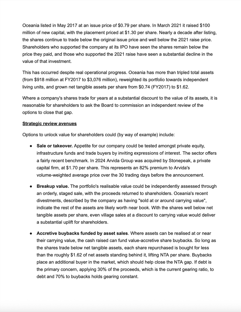 ScrivCapital's tweet photo. I've filed a resolution for the $OCA AGM.

The shares are trading at $0.775. Net tangible assets are $1.62/share. 

It recommends the Board commission an independent strategic review of the options to close the discount.

Vote FOR at the 30 July AGM. https://t.co/Gto5WUsvKA