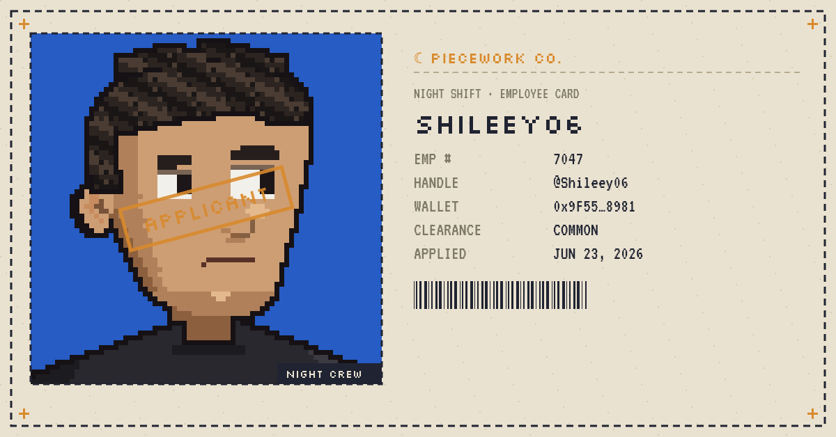 Shileey06's tweet photo. I just applied for the night shift at @PIECEWORKNFT 🌙

Built my worker. Now I'm on the list.
Build yours 👇
https://t.co/BEuJXeGHUf
#PIECEWORK https://t.co/RjFdCblHpz
