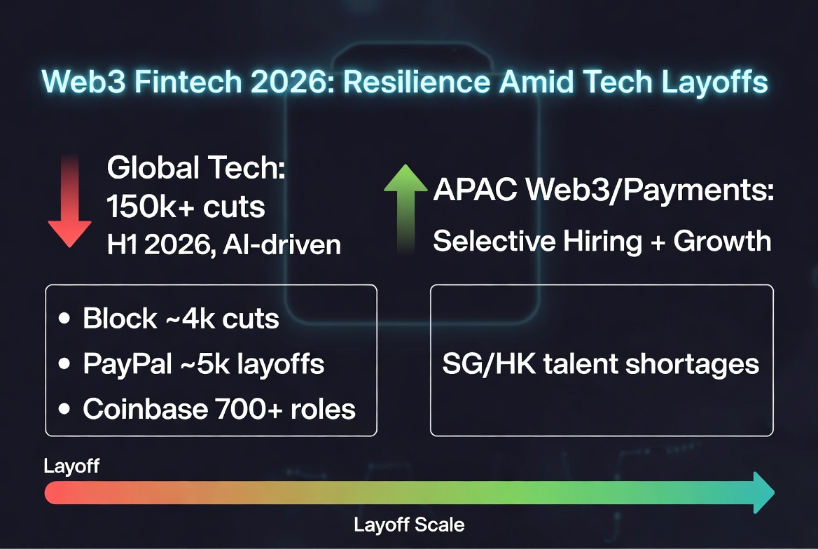 Finternetasia's tweet photo. The old “crypto winter = mass layoffs” narrative is outdated.

While broad tech is still bleeding jobs in 2026 (150k+ cuts in H1 alone, with AI cited in 20-40% of cases at firms like @Meta , @Oracle , @amazon  & @Cloudflare ), the Web3, stablecoin & payments fintech segment tells a more nuanced story.  

Big players like Block (4k+ cuts), @PayPal  (~4.7k) & @coinbase  (~700) restructured for AI efficiency — but growth pockets in institutional infrastructure, compliance & on-chain payments are still hiring aggressively