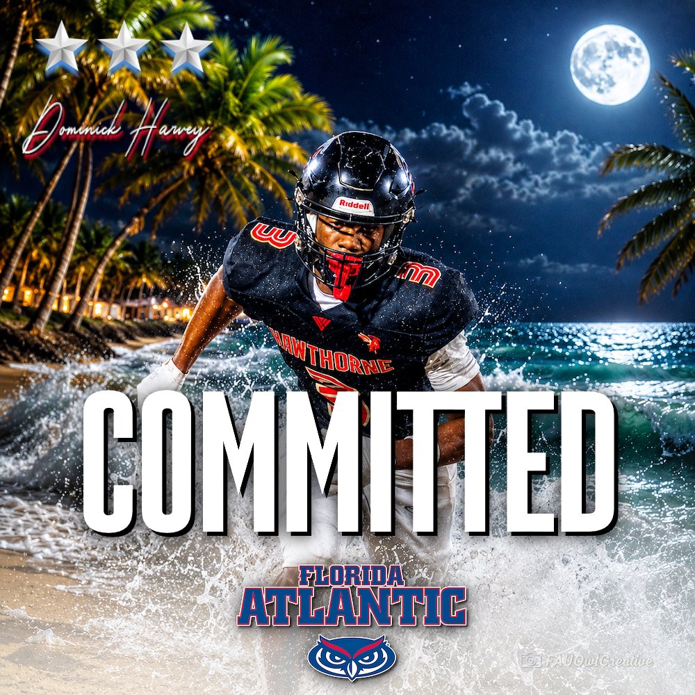 FAU_Owls_Nest's tweet photo. SHORELINE LANDING 🌊 @FAUFootball receives a pledge from 6-0, 193 WR @domharv_ of @HHS_Football352. ANOTHER Battle Won for @ZKittley &amp; @FAU_Recruiting with Harvey FLIPPING to the Owls over  #Liberty. Welcome to Paradise Dominick 🌴 🦉 👌 https://t.co/8Nwv54cnRQ