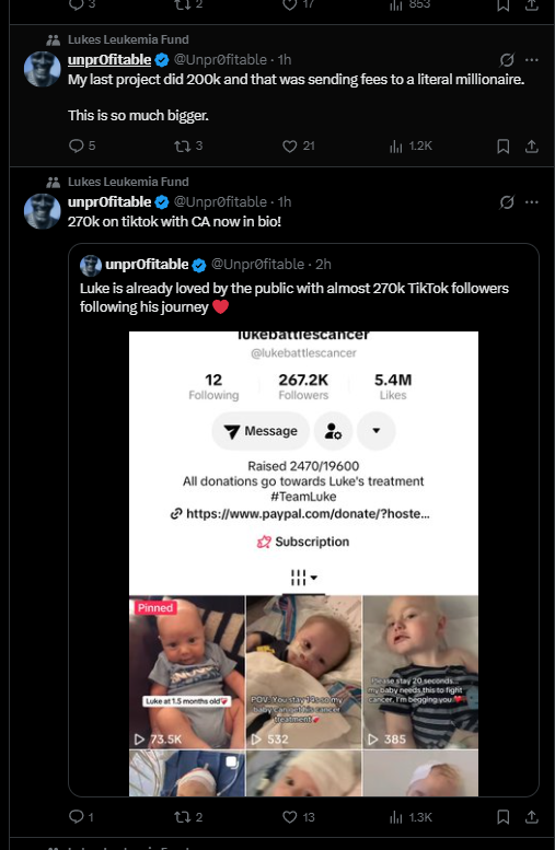 TresTilo's tweet photo. the state of the trenches is truly depressing.

today, @Unpr0fitable rugged a fake token, larping to be helping a kid with cancer.

The reality? The kid died more than 7 years ago, and he's taken advantage of a grieving family, while pocketing +15K USDC. 

In this post I'll lay out what happened:

1) The scammer deployed the token Lukes Leukemia Fund  at 22:46:55 Jun 22, 2026 (UTC) time. TX: https://t.co/LpCfD2Ddc8

Less than 30 minutes later, unprofitable made his first post. He also shilled the coin a bit earlier on his telegram group: https://t.co/FZwbSku3Ad, at the marketcap of 9k. At least him & his scammers friends ate some, since the token topped at 150k.

2) The token seemed to be doing well, until some red flags appeared.

The supposed "donation" wallet, which in theory belonged to the family: https://t.co/rNAzgk3l7L

Received 15k usdc all of a sudden, and transferred out 7.5k in usdc to this wallet:
https://t.co/cj0L6BYgRK

Which created around 10 other Luke coins. A bit weird that a grieving family would be overdoing it so much, right? Maybe it's a desperate family (it's not).

3) So we look closer into it, and find out that:

a) The Tiktok had started posting only recently, around 2-3 months ago.
b) The actual kid has likely passed away long ago.
c) The token's twitter claimed that "our kid is fighting (now, present) cancer"
d) unpr0fitable has publicly claimed to be running the token, referencing that his previous (scam as well, i bet) did 200k, an insane marketcap achievement for the average solboy.
f) Him posting about the parents apparently "writing his name" with the kid, is undeniable proof that he's behind the token & the entire operation, not only walking away with funds, but taking advantage of a deceased kid.

This is the real luke, and these are the actual links: https://t.co/ZtAV8IsiRG
https://t.co/ubKp2LjlGv
Nothing can be done, since the case is old, and here's the confirmation that the poor kid has sadly passed away:

' This was the day before his surgery and he gave us this very special moment that we will forever cherish!! Love and miss him daily! ' Link: https://t.co/dDodkqgkpR

—————————————————

In the end, we see how destructive this space has become. Nobody's talking about it.

It's not about the amount of money, but rather, about the principles & reasoning behind it. The family hasn't gotten a single cent from it, and likely never will, meanwhile some random brit walked out with $15K (plus what he likely jeeted), and will keep doing it everyday until stopped.

It'd be nice to see @MetCC do something about this. They jail individuals on twitter over way less than this.

I will not be back to exposing, but I will not allow this level of abuse on-chain anymore. I hope this is close to the bottom for the trenches.