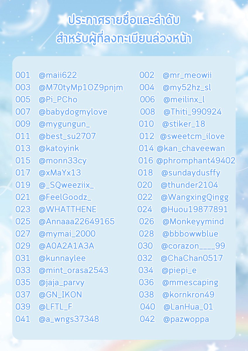 PEIENisCloud9's tweet photo. #PeiEnIsCloudNine🩵🐰☁️

 ประกาศรายชื่อและลำดับในการลงทะเบียนล่วงหน้า 84 รายชื่อ ดังนี้

**ขอความร่วมมือในการจำลำดับของตนเองเพื่อความสะดวกในการลงทะเบียน **

https://t.co/kmmpvF7O2y

#李沛恩 #SeekyLi 
#LiPeiEn #หลี่เพ่ยเอิน
#BirthdayProjectLiPeiEn2026TH https://t.co/sxHEwJDbjL