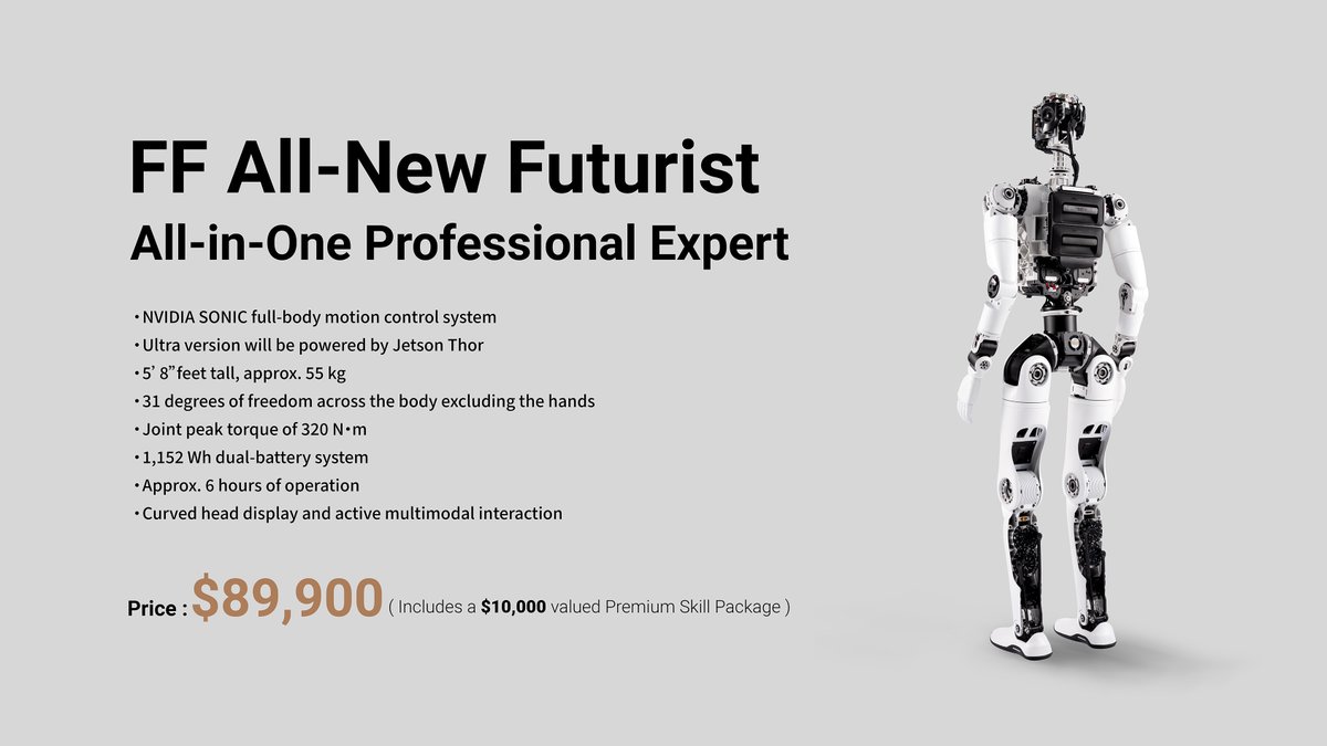 FaradayFuture's tweet photo. Today at Automate in Chicago, FF EAI-Robotics marked another milestone in Physical AI. 

Our Six-Series Full-Form FF EAI Robot World now stands together — one brain, multiple forms.
▸ Faber, our industrial-grade EAI mobile manipulator series — now on sale
▸ Second-half launch & sales of the All-New Futurist
▸ A first look at our Robotics Industrial Ecosystem

June shipments expected to exceed 100 units; March–June projected to surpass 220. @YTJiaFF 

Full replay: https://t.co/HcNqoLOfzH