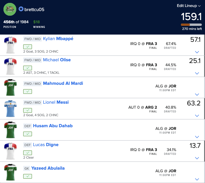 BrettsTailgate's tweet photo. ⚽ FanDuel FIFA World Cup Main Slate — Monday 6/22 - 1:00PM EDT

🚨 Lineup update — Zineddine Belaïd isn't starting, so we pivot to a three-man Jordan value group. 

Let's have a big day! 💰🔥

See the full lineup ⤵️

#WorldCup #SoccerDFS #FanDuel #DFS #DFSPicks #FIFAWorldCup #Argentina #DailyFantasy #DFSTwitter