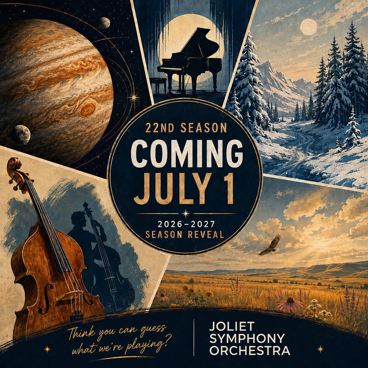 jolietsymphony's tweet photo. A few clues.

One exciting season.

The Joliet Symphony Orchestra's 22nd season will be revealed July 1.

Any guesses?

#JolietSymphonyOrchestra #JSO #JolietIL #WillCountyIL #ClassicalMusic #Orchestra https://t.co/yGHzzh2KKv
