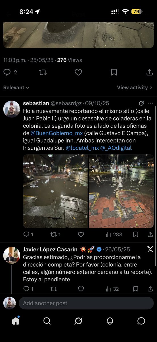 sebasrdgz's tweet photo. El tercero, que igualmente ya había sido reportado hace un año, en el cruce de Gustavo E Campa con Insurgentes Sur, Guadalupe Inn. 

Ojalá puedan hacer algo ya que para los peatones se vuelve complicado circular cuando llueve, que últimamente es diario. https://t.co/CO53ixu03h