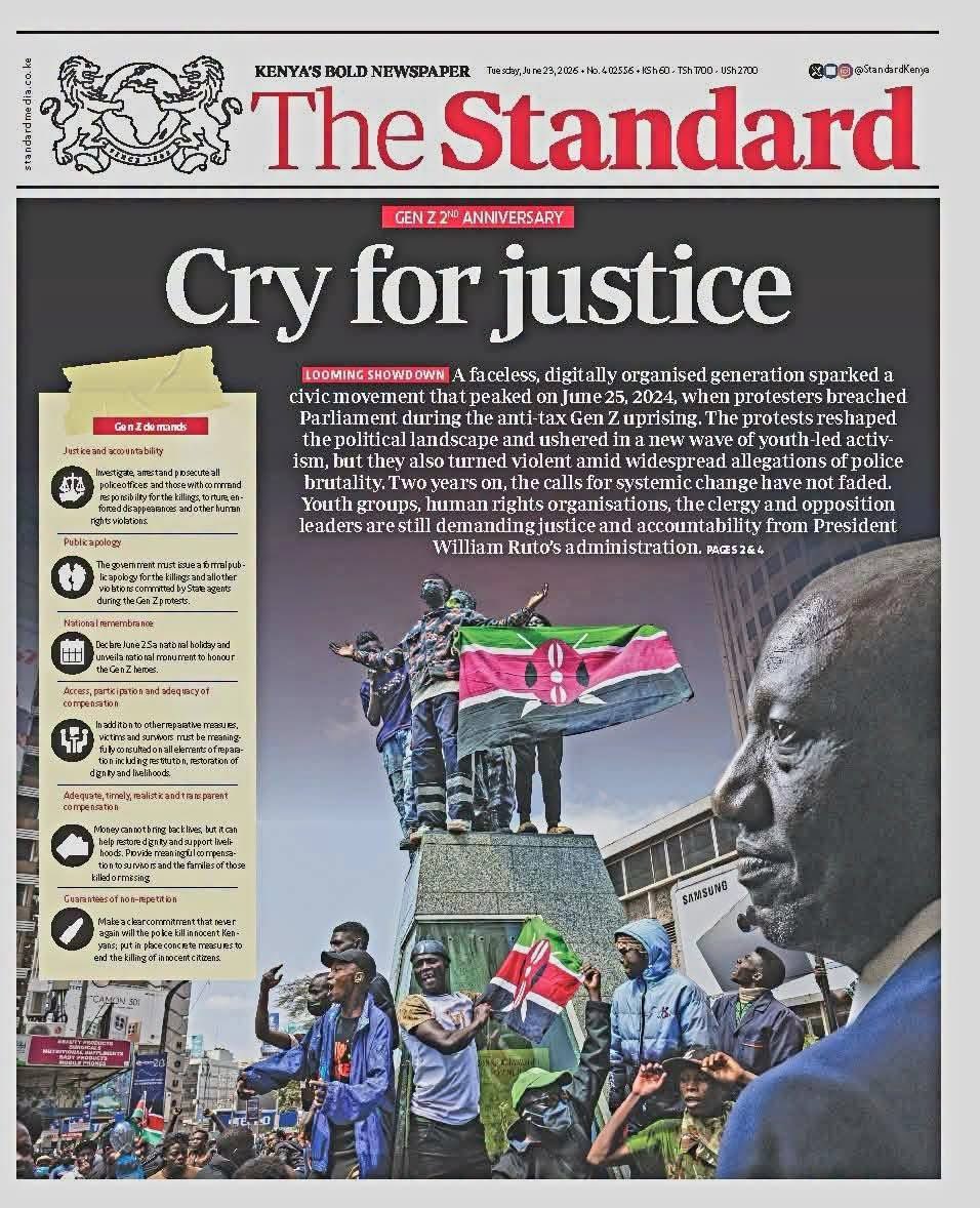 Naomikibandi's tweet photo. CRY FOR JUSTICE-Tuesday Standard. https://t.co/MrufxJnk7i