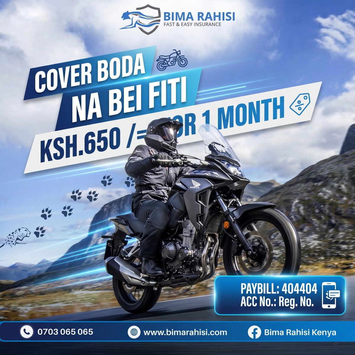 bimarahisi's tweet photo. Kila ride ni pesa—hakikisha imekingwa! 🛵💨
Pata Third Party Cover ya bodaboda yako kwa KSh 650 tu kwa mwezi.

✅ Paybill: 404404
✅ Tuma M-PESA message + Logbook + KRA PIN kwa WhatsApp: 0700 164 898
📞 0703 065 065

Linda biashara yako leo, uendeshe bila wasiwasi. https://t.co/fXSFzgwPPp