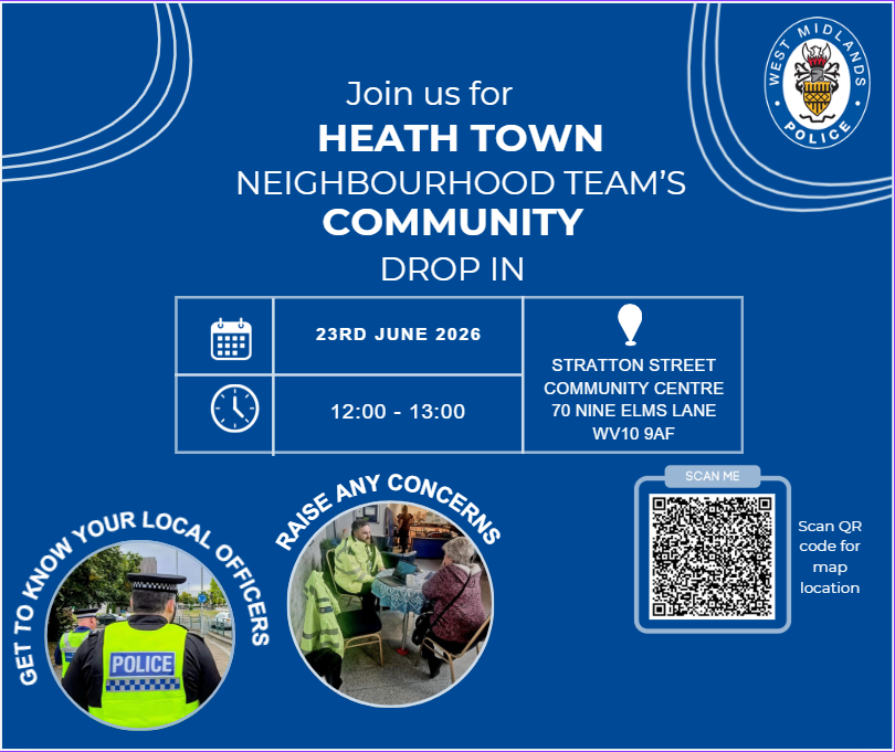 WednesfieldWMP's tweet photo. 🏘️ Heath Town residents, businesses and visitors!

Drop in to get to know your local policing team in our Heath Town Surgery later today! 👮

📍 Stratton Street Community Centre, WV10 9AF
📅 23rd June 2026
🕛 12pm – 1pm https://t.co/GRwVXVMeXi