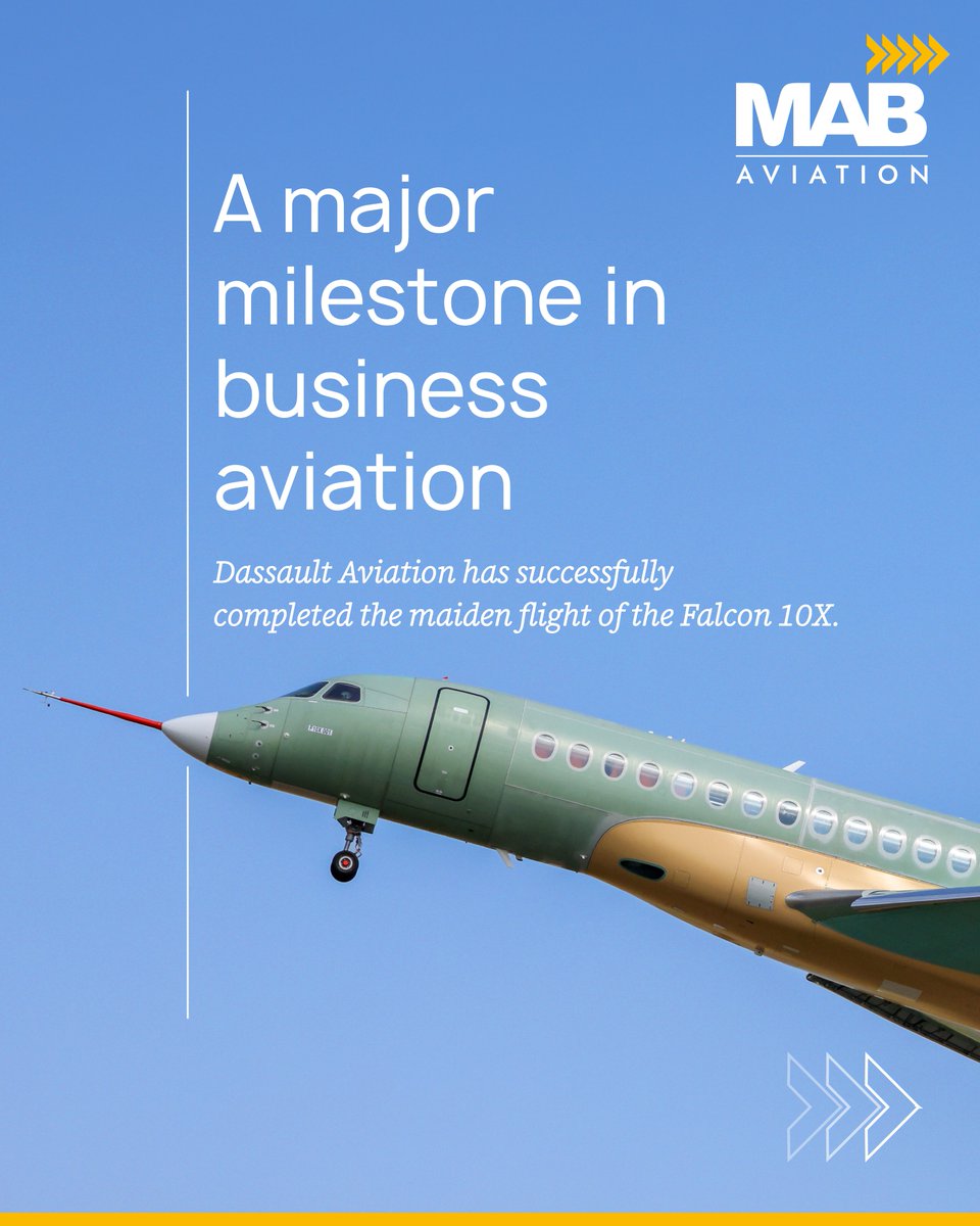 MABAVIATION's tweet photo. Congratulations to @dassaultfalcon
Dassault Aviation on the successful maiden flight of the Falcon 10X.

A first flight represents far more than a moment in the sky. We recognise the teams behind this achievement and the progress it represents for business aviation.
#MABAviation https://t.co/pnwIdJbvbQ