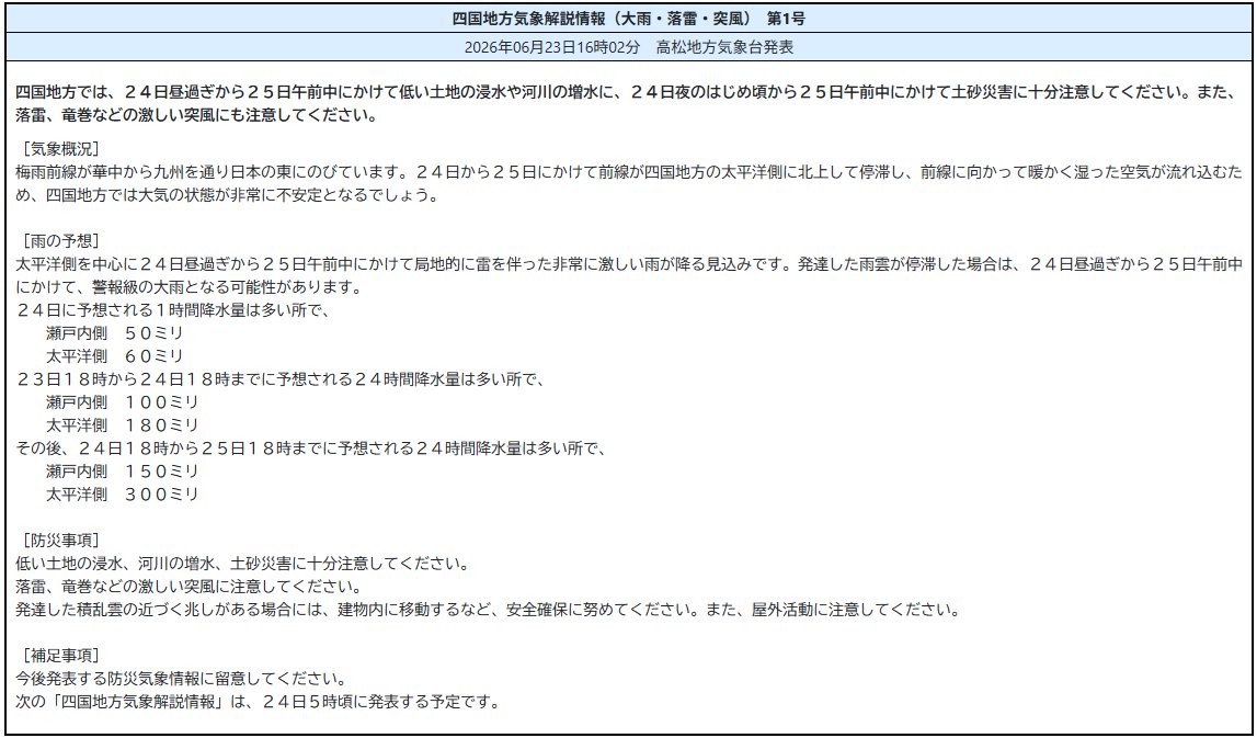 mlit_matukakoku's tweet photo. 四国地方気象解説情報（大雨・落雷・突風）　第1号
2026年06月23日16時02分　高松地方気象台発表
四国地方では２４日昼過ぎから２５日午前中にかけて低い土地の浸水や河川の増水に２４日夜のはじめ頃から２５日午前中にかけて土砂災害に十分注意‥
https://t.co/UZ25ZFghB7 https://t.co/TrlIBciIDv