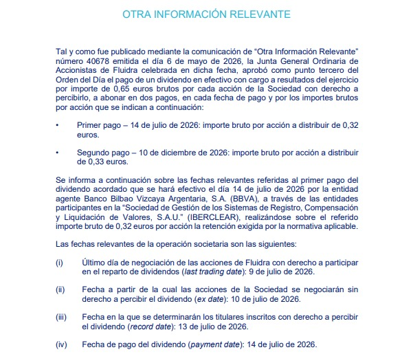 bolsachart's tweet photo. 📌🟢#FLUIDRA #FDR
📌✅Información sobre fechas de pago del dividendo 2026.
👉🟢 Primer pago – 14 de julio de 2026: importe bruto por acción a distribuir de 0,32 euros.
👉🟢Último día de negociación acciones con derecho a participar en el reparto de dividendos: 9 de julio. https://t.co/ii4jdwClhH