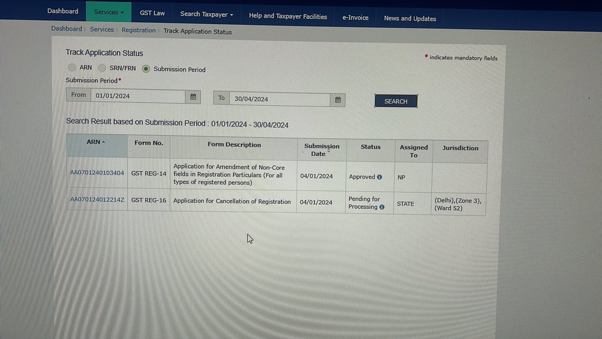agarca_in's tweet photo. Application for cancellation filed on 04-01-2024 and still pending for processing. Isn’t any timelines for the proper officer to take necessary action on pending applications? What about citizen charter? @GST_Council https://t.co/c2a7wSWelH
