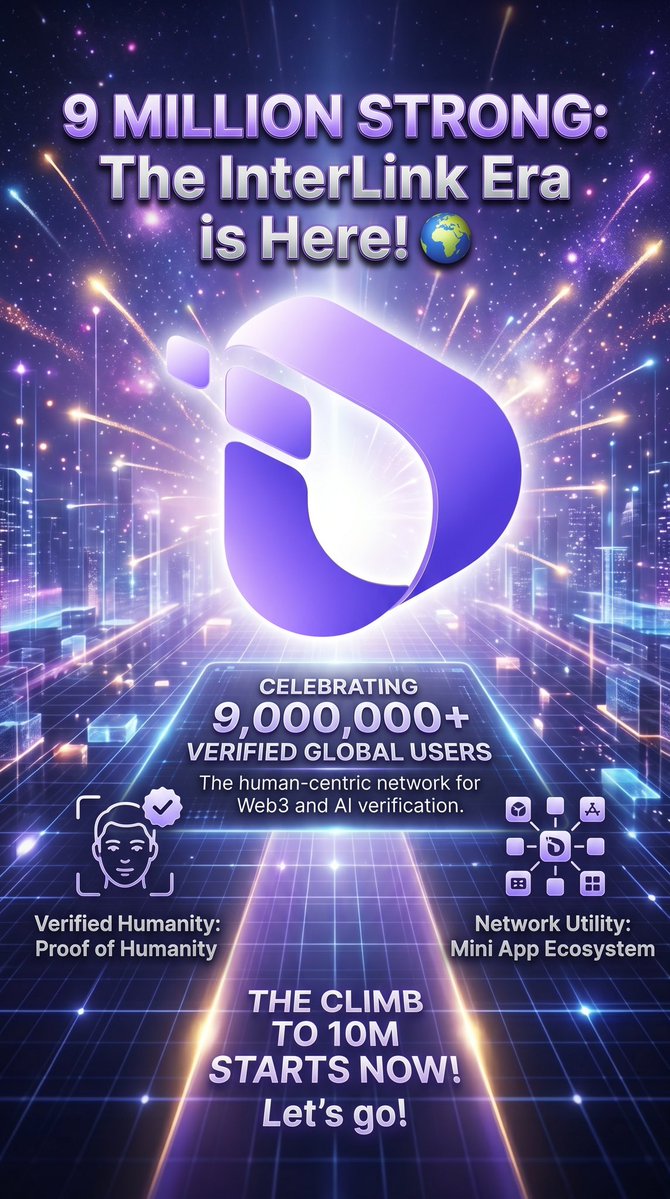 abdullahiladu's tweet photo. Over 9 Million verified users! That is an incredible milestone for the InterLink ecosystem. 

Achieving such massive scale in the competitive Web3 and human-centric network space is no small feat—it’s a massive testament to the vision, the community, and the utility being built.

9 MILLION STRONG: The InterLink Era is Here! 🌍

We didn’t just hit a number; we hit a movement. Today, we officially celebrate 9 MILLION users worldwide on the InterLink Network!

When we started this journey, the goal was simple but bold: to redefine how we interact, verify identity, and participate in a truly human-centric digital ecosystem. 

Today,over 9 million of you have proven that the future isn't just about code—it's about the people behind it.

Why this is just the beginning:

Verified Humanity: In an age of AI uncertainty, 9 million people have chosen to embrace the power of Proof of Humanity. Your identity is your key, and you’re owning it like never before.

The Power of the Network: From seamless InterLink ID management to the rapid expansion of our Mini App ecosystem, we are building a decentralized world that works for you.

 Unstoppable Momentum: With every tap, every verification, and every new user joining the mission, we are solidifying the foundation for a transparent, secure, and rewarding Web3 future.

To every single one of you who joined, referred a friend, or staked your claim in this vision—thank you. You are the heart of this network. We are moving faster, scaling further, and building something that will outlast the trends.

We’re not just watching the future of technology; we’re architecting it together.
The climb to 10M starts now. Let’s go! ⚡️

#Interlink #ITLG #ITL