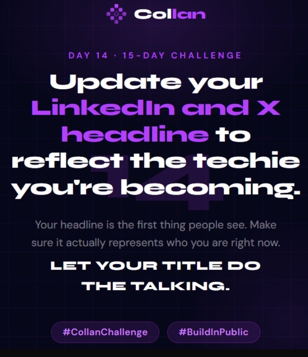 emmannuel_codes's tweet photo. Gm Techies.. 🫶💜
Day 14/15 of the #CollanChallenge 🔥
Where I am now was not where I was when I started building @collan_devs
I just updated mine to better reflect the builder I’m becoming and the vision behind @collan_devs. https://t.co/9bBToZFviN