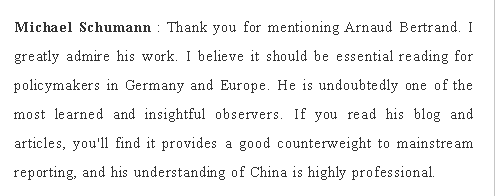 RnaudBertrand's tweet photo. Very honored by this: Michael Schumann, chairman of the Board of the German Federal Association for Economic Development and Foreign Trade (@BWA_Vorstand), was asked about me during an interview by @realguancha and here is what he had to say 👇

I agree with him 😏

His interview, as is always the case with Michael (one of the all-too-rare senior European deciders with the intellectual courage to be unideological on China) is full of fascinating insights and well-worth reading in full. 

For instance he is remarkably candid about the self-inflicted nature of Germany's industrial decline - energy costs, digital infrastructure, bureaucracy - and explicitly says Germany shouldn't use China as an excuse to avoid its own homework.

He also explains that, in their overwhelming majority and despite the political narrative, German firms remain firmly committed to China: 93% of German firms in China have no plans to leave and 53% plan to increase investment.

All in all, he frames the current trade tensions between the EU and China in the way they should be framed, and a way that reflects reality: European concerns about trade imbalances and industrial erosion are legitimate worries - Europe is indeed losing in competitiveness - but it's very unhelpful (and might actually worsen the problem) to scapegoat China and frame these issues through the lens of conflict.

Link to the Guancha interview: https://t.co/m0dl2U4WHt