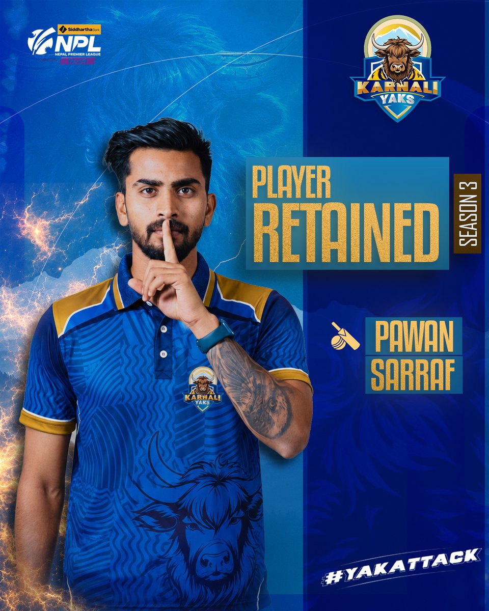 KarnaliYaks's tweet photo. Retained. Ruthless. Ready to make noise again.
#PlayerRetained #PawanSarraf #KarnaliYaks #Season3 #YakAttack https://t.co/2BAi7vTkGd