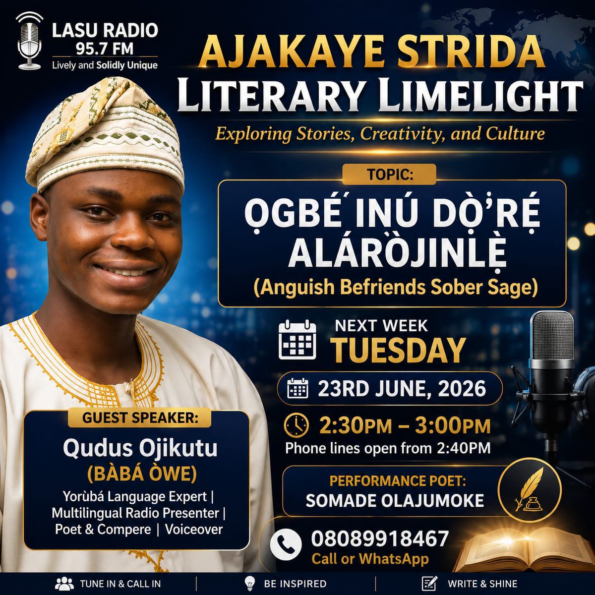 babaowe001's tweet photo. I’ll be live today on LASU Radio 95.7FM as a guest on Ajakaye Strida Literary Limelight.

We’ll be exploring the theme:
“Ọgbẹ́ inú dọ̀rẹ́ aláròjinlẹ̀” — reflecting on the current security issues in our country most importantly the Kidnap of 46 persons in Oríire, Oyo State https://t.co/qLMFnnNweV