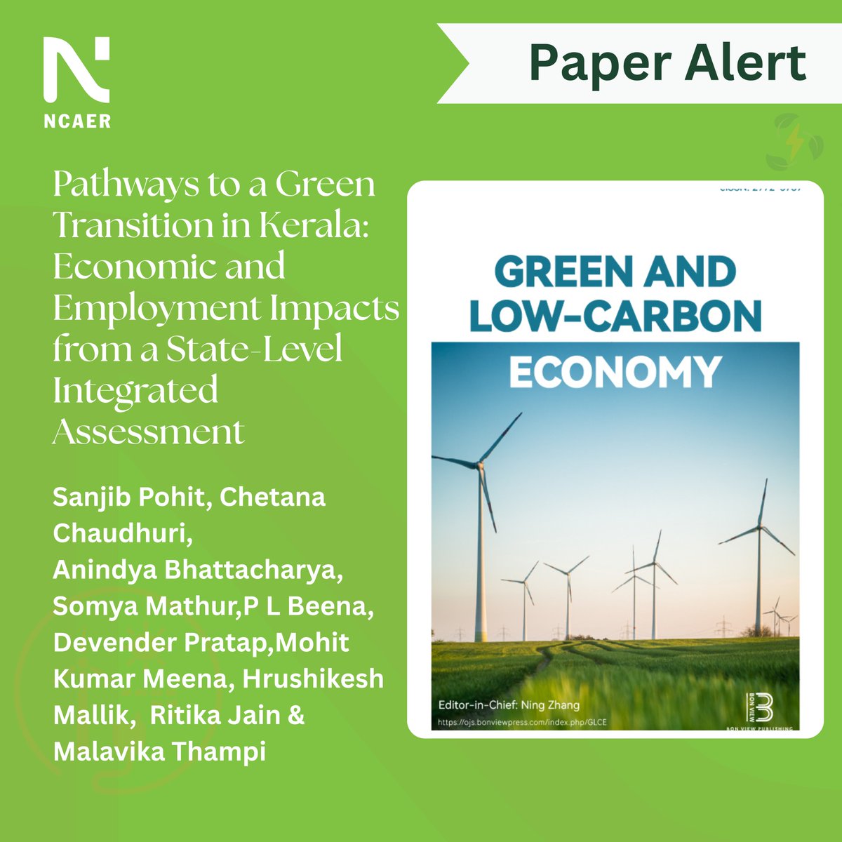 ncaer's tweet photo. NCAER faculty members @PohitSanjib, @chetana_c1, @DEV_6309 and their co-authors have published India’s first state-level Integrated Assessment Model for Kerala, linking CGE & MESSAGEix models. Results show that green investments can reduce emissions while supporting growth, jobs, energy security & sustainable development.

Read more: https://t.co/Qaj7leUlLh