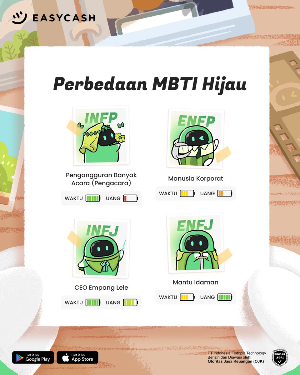 easycashid's tweet photo. Yang lagi nyari mantu bisa nih cari yang MBTI-nya #ENFJ si provider💚 
 
#Easycash #MBTI #Pengacara #CEO #MantuIdaman #Korporat https://t.co/afn6tHLIVM