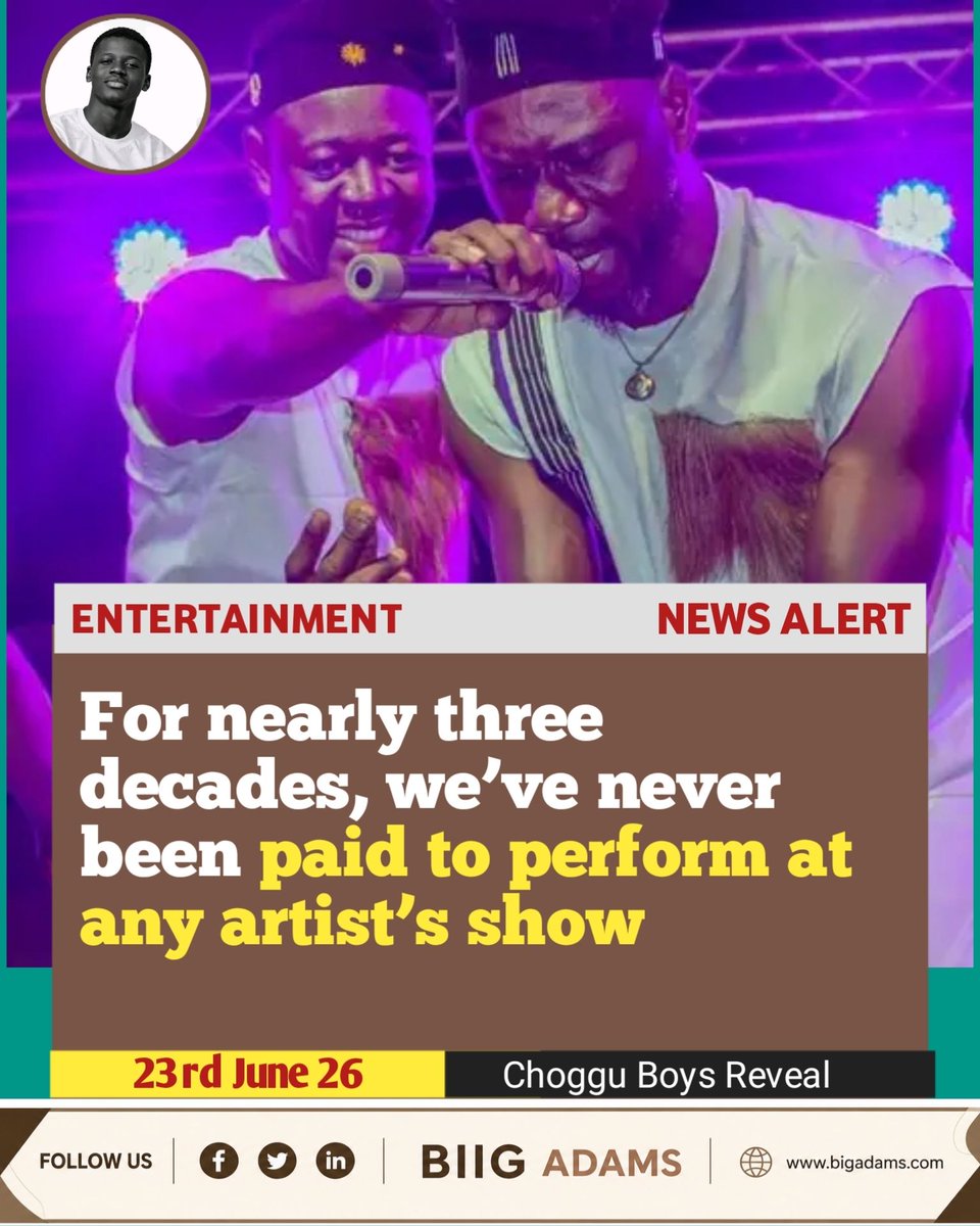BiggAdamsGh's tweet photo. 🚨 Choggu Boys reveal they've performed at fellow artists' shows for nearly 30 years without receiving payment. They say supporting each other's growth has always mattered more than money. Do you agree? 👇

#BIIGAdams #ChogguBoys #GhanaMusic #EntertainmentNews #TrendingNow https://t.co/rTHBYArxVy