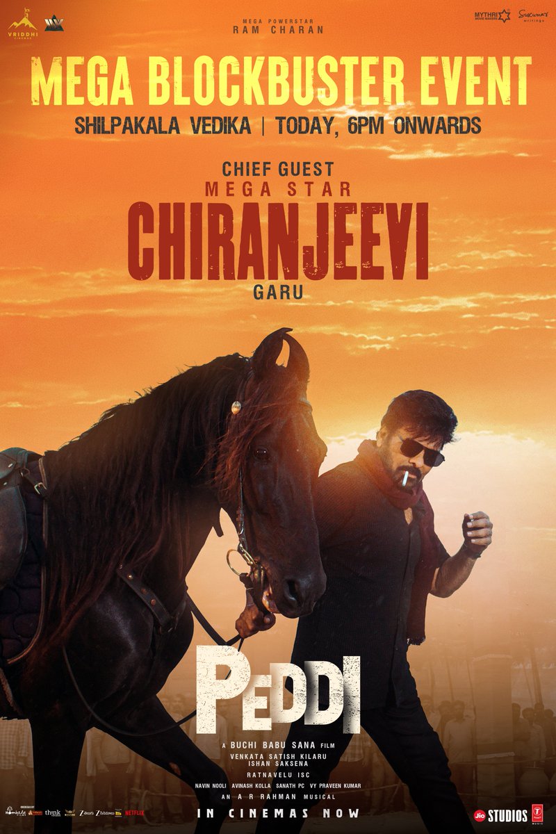 PeddiMovieOffl's tweet photo. #PEDDI MEGA BLOCKBUSTER EVENT with Megastar @KChiruTweets Garu as the chief guest ❤‍🔥

Today at Shilpakala Vedika from 6 PM onwards 💥💥

▶️ https://t.co/kRZnoFeE6Y

🎟️ https://t.co/EMhY3eM8US https://t.co/4rEn1i6hEn