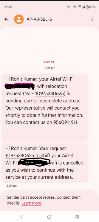 buffernow's tweet photo. @Airtel_Presence @airtelindia #AirtelBlack Look at this fraud! Just minutes after my tweet, @airtelindia cancelled my relocation request on their own, falsely claiming I want to continue at my old address! Absolute scammers to hide their SLA failures.@Airtel_Presence https://t.co/s67d8baNrb