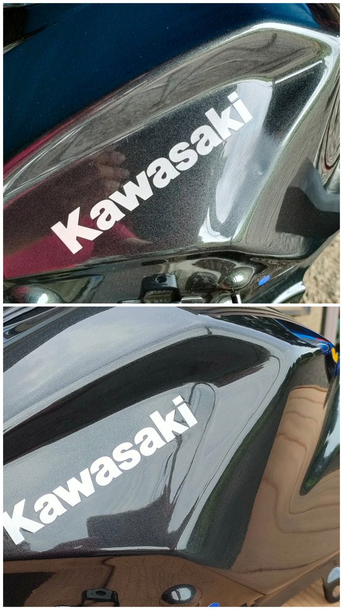 maaasa202's tweet photo. バイクの燃料タンク。
車種はカワサキ　ニンジャ250
左側面Kawasakiの文字の右下の
わずかな凹み（写真上）の修理をしました。
凹みも無くなり塗装も完了して（写真下）新品みたいになりました！ https://t.co/Ufb6dBUu05