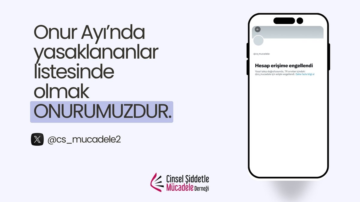 cs_mucadele's tweet photo. Onur Ayı’nda yasaklananlar listesinde olmak onurumuzdur.

Hesabımız, paylaşımlarımızda LGBTİ+ ifadesi yer aldığı nedeniyle BTK karaıyla Türkiye'den erişime engellendi. 

Yeni X hesabımız: @cs_mucadele2 https://t.co/tmsTx82u0j