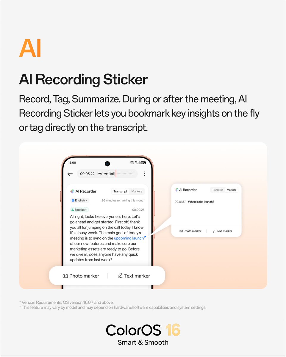 colorosglobal's tweet photo. If you want to scale your efficiency, you don't need more time - you just need the right tool. The new AI Recording Sticker is here to completely streamline how you collaborate and work.
See how #OPPOColorOS16 is making everyday tasks smart and seamless. โจ
#ColorOSGetsBetter #OPPOAI