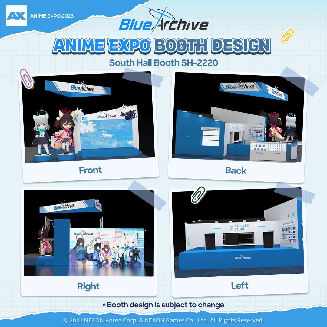 EN_BlueArchive's tweet photo. Welcome to the Blue Archive AX2026 Booth! ✨

Take a sneak peek at the Blue Archive Anime Expo 2026 booth design, featuring photo op spots, Shiroko and Izuna models, the S.C.H.A.L.E Store, and more!

Find us at South Hall Booth SH-2220 and come explore Kivotos with us!

*Booth design is subject to change.

#BlueArchive #AnimeExpo2026 #AX2026