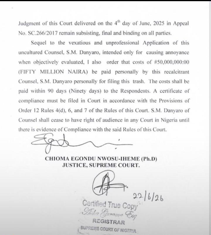 AREMUMUSA1's tweet photo. SUPREME COURT OF NIGERIA isn’t a joke. I read a very disturbing ruling of the court against a lawyer this morning and I was so shocked and as the same time shameful. The Supreme Court has warned lawyers many times in the past to desist from filing frivolous applications in an attempt to secure appearances before it. Unless the ruling is upturned or waved by the adverse party, I doubt if the lawyer can afford the cost awarded against him. 

I must say, the court isn’t your regular village head-gathering where you’re not bound by any rules. As a lawyer, your relationship with the court must be prioritised over that of your client. Once you’re marked by the court as a bad-practice lawyer you would hardly find the mercy of the court in your subsequent matters before it. 

In the instance case, the client can’t wait to get another lawyer to handle his future matters while the other battles to regain his RIGHT OF AUDIENCE.