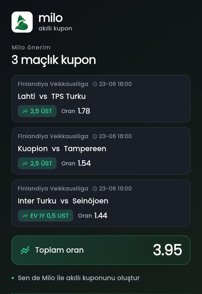 nemesis2108's tweet photo. Milo'da 3 maçlık 3.95 oranlı kupon oluşturdum 🎯

📱 Sen de Milo'yu indir:
iOS: https://t.co/wRz7UCeqQK
Android: https://t.co/4N4jjKEq8W https://t.co/4XwiaIlEQs
