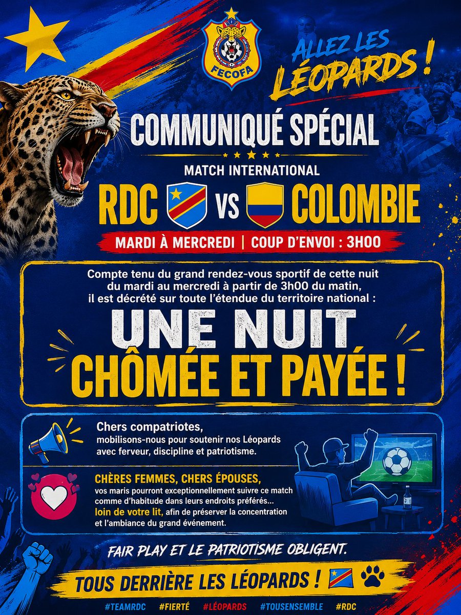 guy_kindala's tweet photo. Match RDC - COLOMBIE

Les femmes sont appelées à  surveiller les lits aujourd'hui.
Vos hommes reviendront au lit, la nuit prochaine. https://t.co/LxC3xYrSjR