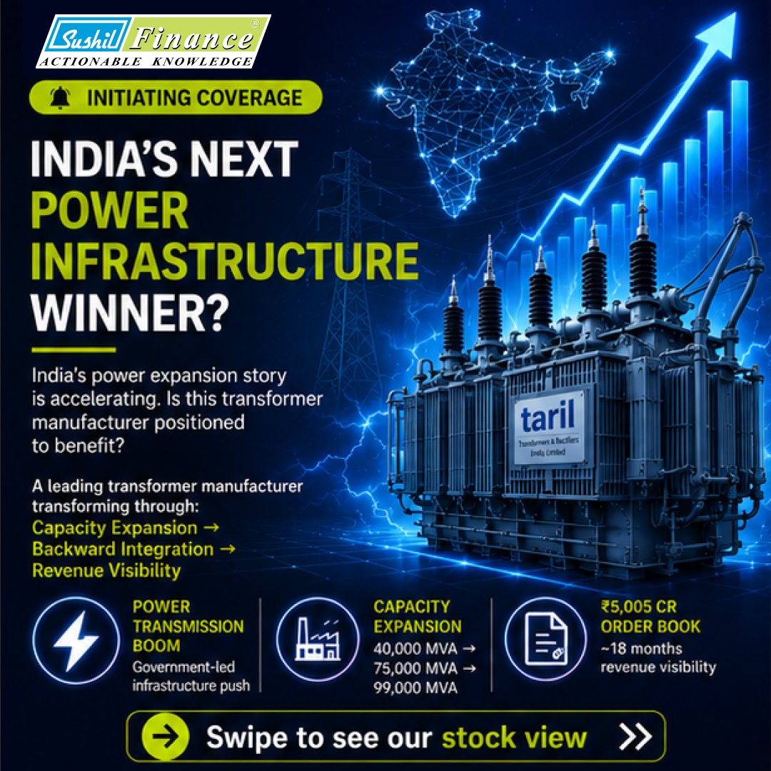 sushilfinance's tweet photo. 📢  New Report Alert – Transformers and Rectifiers (India) Ltd

Transformers and Rectifiers (India) Limited, or TARIL, is an Indian power equipment manufacturer focused on transformers and reactors used by utilities, industrial customers, and export clients Founded in 1981 and headquartered in Ahmedabad, the company has built a meaningful presence in India’s transformer market over the years Its capabilities today span a wide range of products, including power, furnace, rectifier, distribution, and specialty transformers along with reactors used across grid and industrial applications.

We expect TARIL to deliver 67% growth in Revenues to Rs. 4226.5 crore in FY29E from Rs. 2508.8 crore in FY26. This growth is majorly driven by the structural tailwinds of the Indian power industry and its supply gap. Furthermore, the company’s move towards backward integration through acquisition and capex increases EBITDA margins. The stable order book shows the way for growth and consistent revenue for the company. We estimate the EBITDA and PAT margins to be 16.4% and 10% respectively by FY29E. Our estimated EPS is Rs. 10.2, Rs. 11.2 and Rs 14.1 for FY27E, FY28E and FY29E respectively. We assign a P/E multiple of 35x to arrive at the target price of Rs. 492, which is an upside of ~37% from its last closing price at Rs. 358. We initiate coverage on TARIL with a BUY rating, over an investment horizon of 24-30 months.

📩 Comment "TARIL" to get the full report 

🔗 For the Disclaimer, check our Link-in-Bio
.
.
.
.
.
.
.
.
.
.
.
.
.
#stockreccomendation #topstocks #stockmarkettip