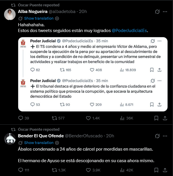 DavidPiris's tweet photo. Que en el TL de un ministro haya estos repost, habla mucho del nivel de odio y sectarismo que tiene. Si @victodealdama  nos llegara a confirmar que Oscar Puente caerá, me reservaria la botella de champagne para él. https://t.co/sGqMZe6RIJ