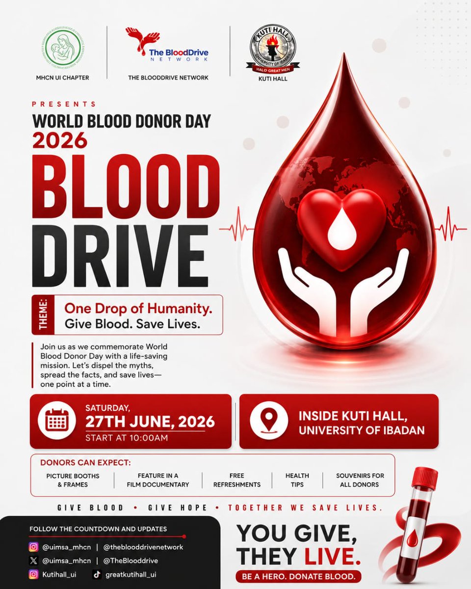 UIMSA_MHCN's tweet photo. One donation can mean another chance at life.🩸

This World Blood Donor Day 2026, be part of something bigger than yourself. Join us as we come together to save lives, create hope, and remind someone that humanity still exists. https://t.co/fLLri4qXYj