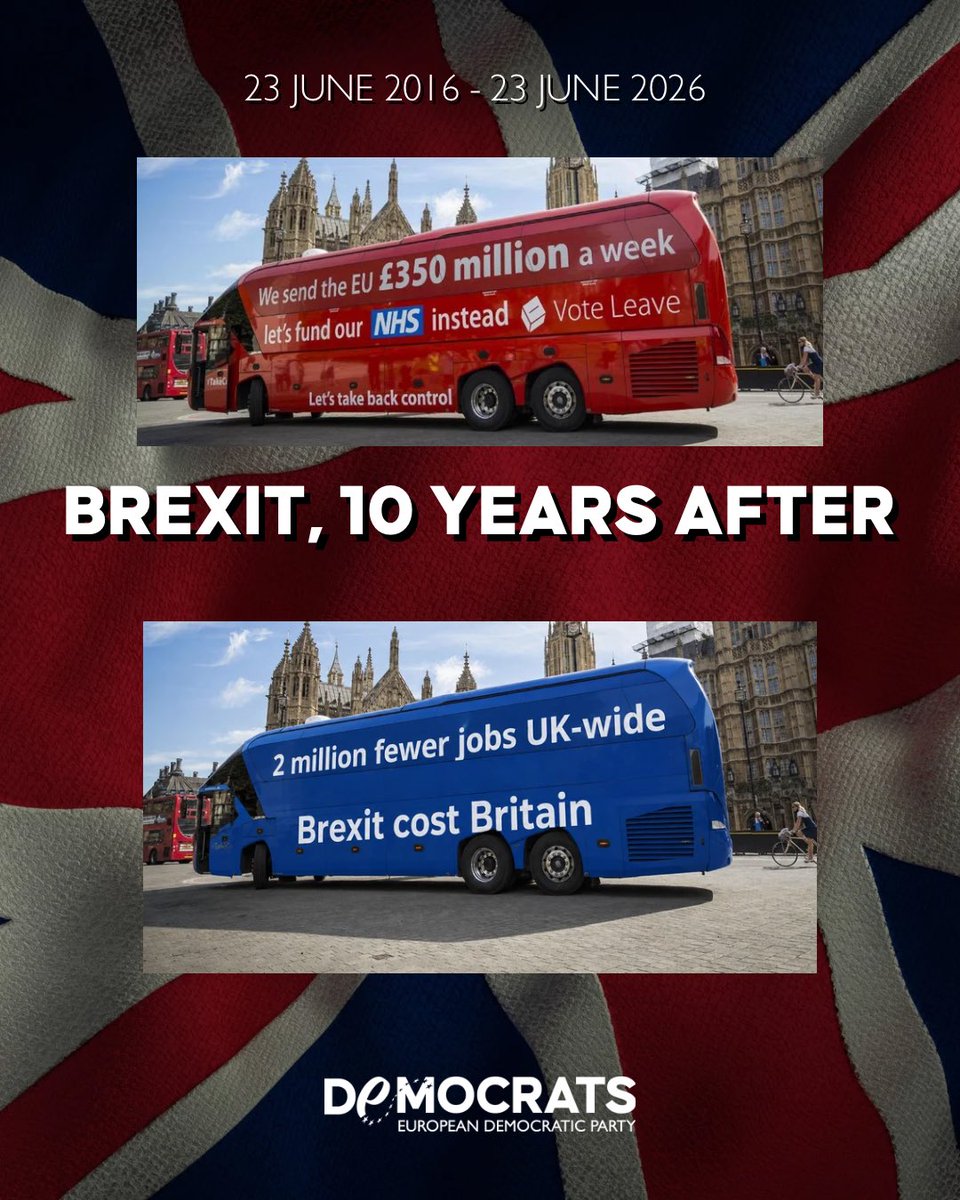 democrats_eu's tweet photo. Ten years after the Brexit vote, the bill is brutal. Britain has paid for @Nigel_Farage ’s lie with two million fewer jobs, £27bn in lost trade, an economy up to 8% smaller and costs estimated at £90bn every year. This is what happens when nationalism sells slogans and citizens get the invoice. Europe is not a prison. It is protection, opportunity and power shared. Brexit broke promises; Europe builds futures.