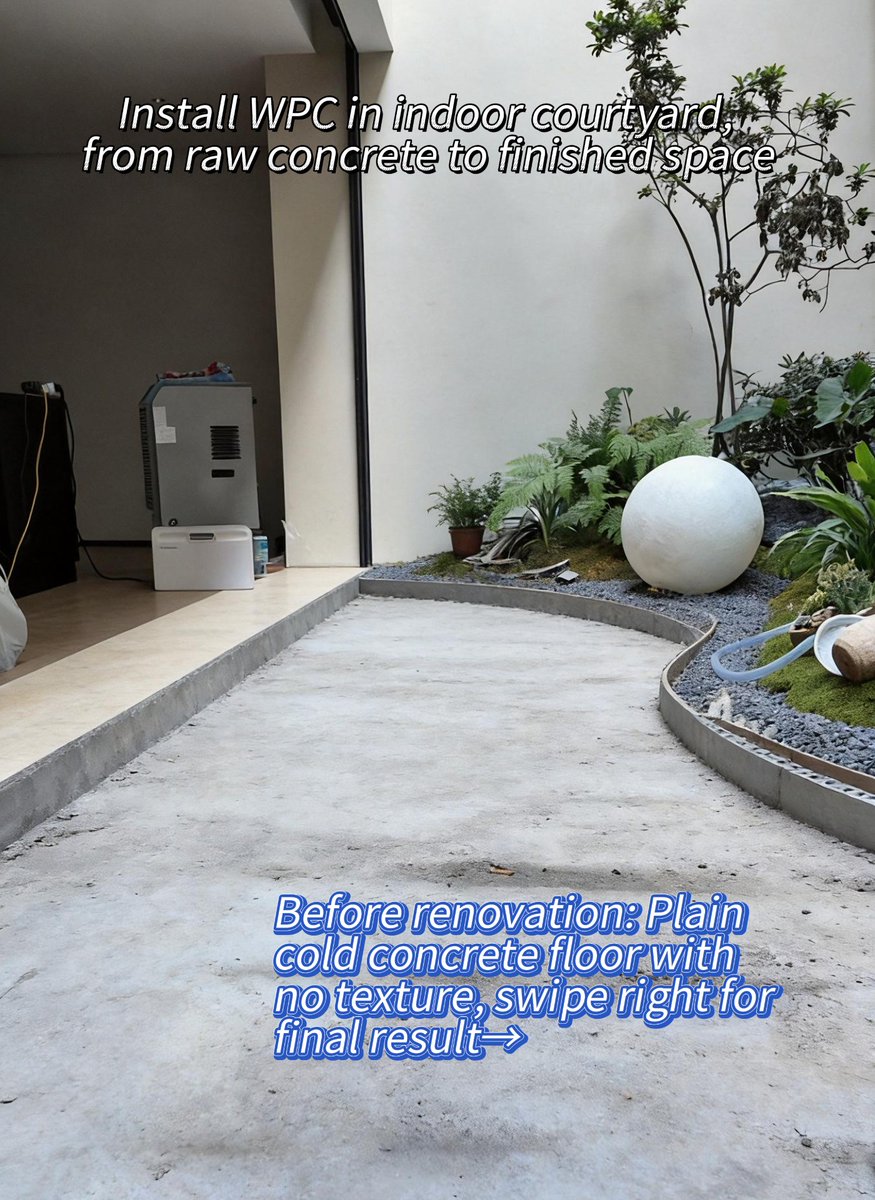 tech_woodn's tweet photo. From raw concrete to finished indoor courtyard. The build: level with a metal joist framework, fasten WPC boards with clips and expansion gaps, then curved edges that blend into the planting. TECHWOODN WPC decking, warm and low-maintenance.

#WPCDecking #IndoorCourtyard https://t.co/cxn14r1w0v