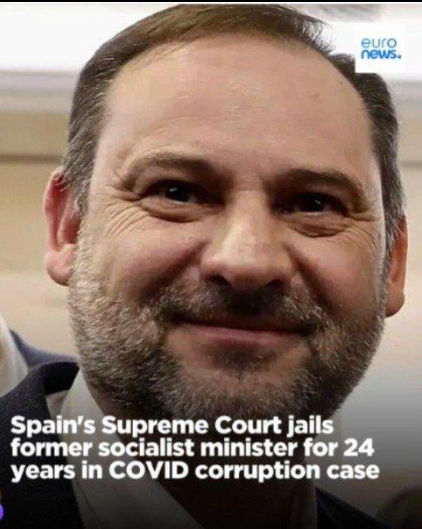 ABridgen's tweet photo. In Spain Jose Luis Abalos Former Transport Minister was sentenced to 24 years in prison for corruption relating to Covid mask procurement contracts. 

There will be many UK politicians worried about any investigation into PPE contracts and the fraud of Track and Trace’ . https://t.co/EG9P60v3Nq