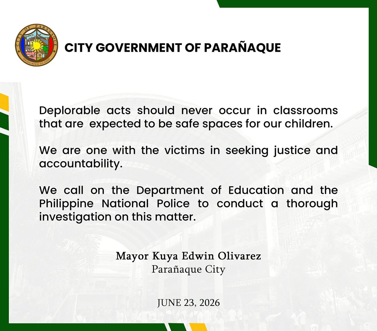 tribunephl's tweet photo. #Parañaque City Mayor Edwin Olivarez released a statement in lieu of an alleged s**ual abuse incident that took place in a public school within the city between a teacher and student.

Olivarez urged concerned government agencies such as the Department of Education (#DepEd) and the Philippine National Police (PNP) to conduct an extensive probe into the matter.

“We are one with the victims in seeking justice and accountability,” his statement read. | Jerod Orcullo

#dailytribune