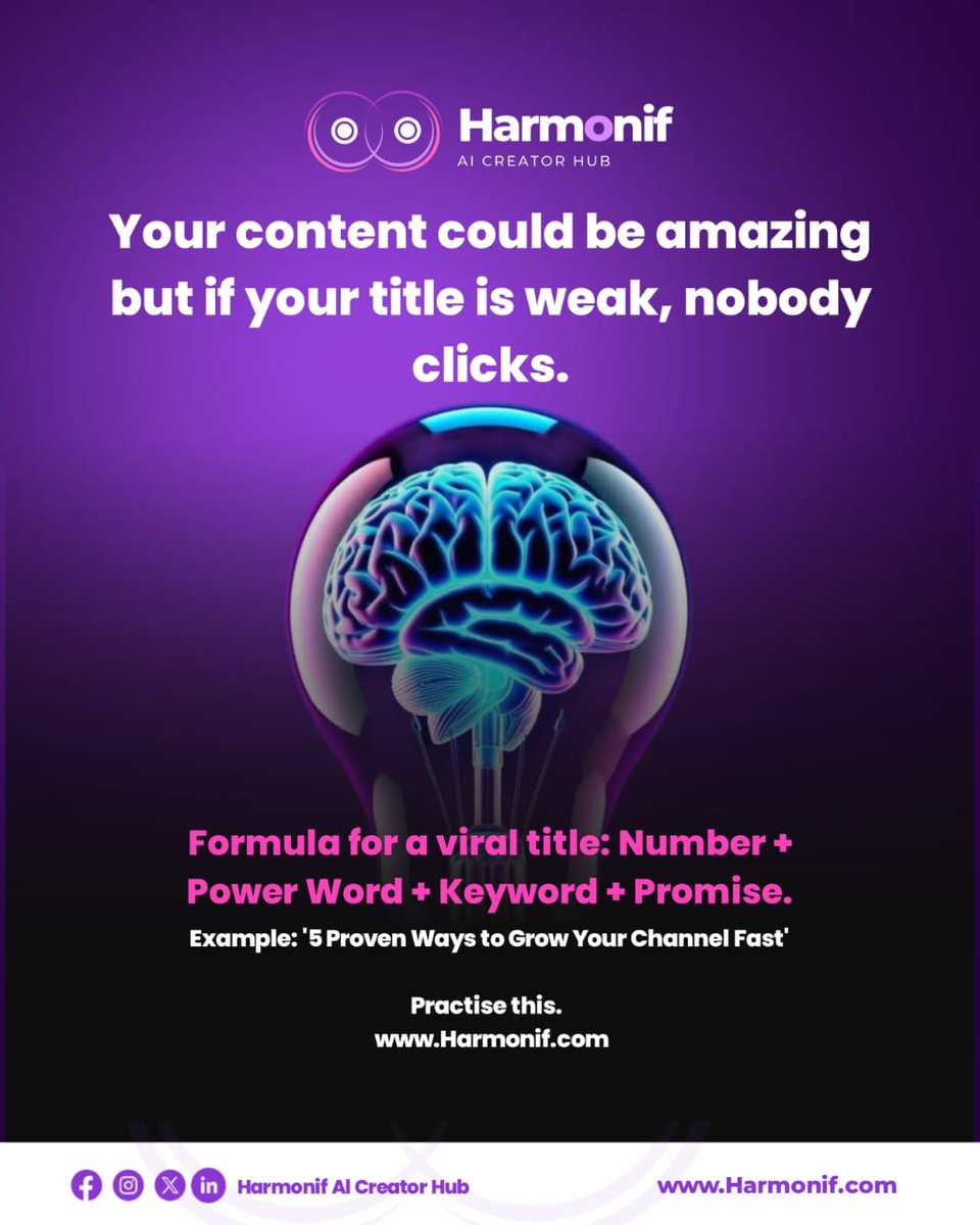 HarmonifAIHub's tweet photo. Your title is your first impression. Make it count. 

Great content with a weak title goes nowhere. 

Master this formula — Number + Power Word + Keyword + Promise — and watch your clicks change.
Save this. Use it. Grow. 💜

https://t.co/SQ1XTg9lED

#Harmonif #ContentTips https://t.co/RW70LDrIdA