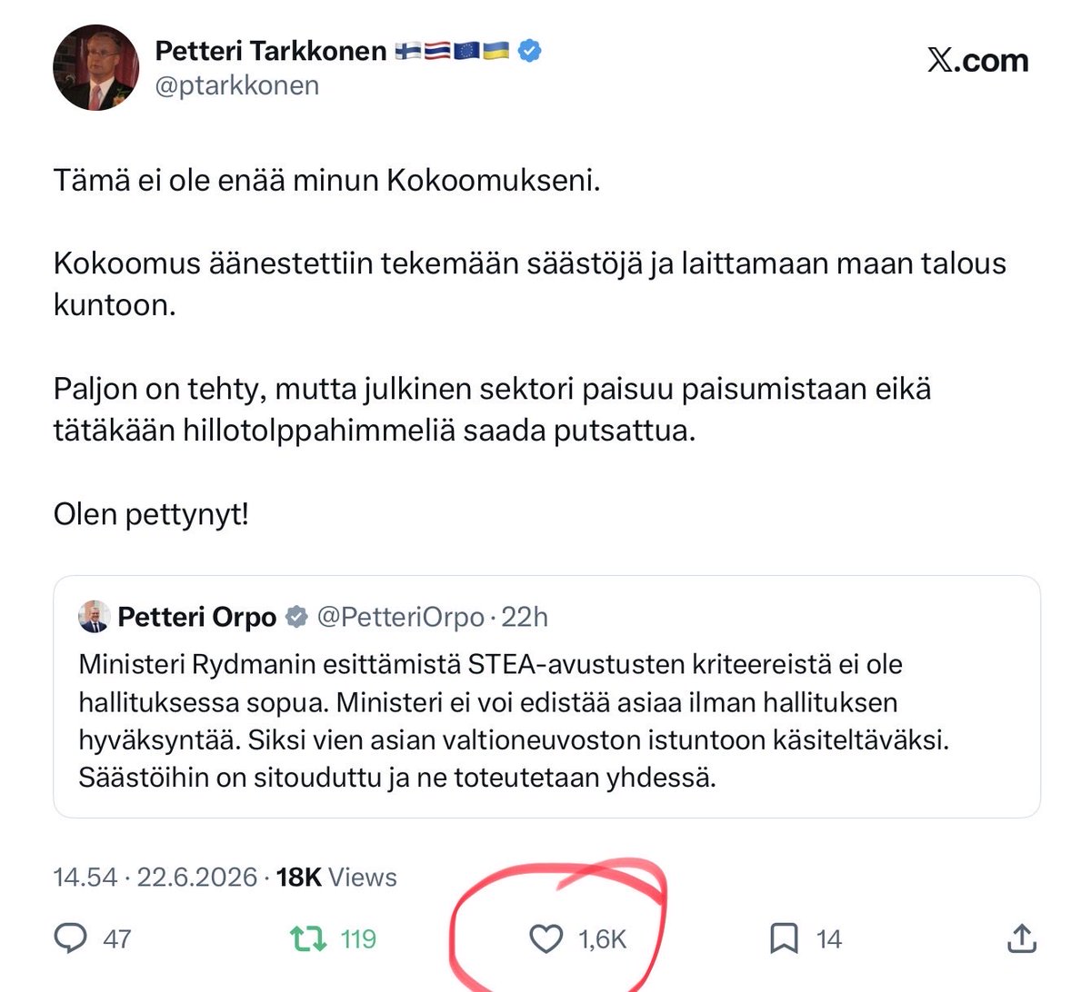 ptarkkonen's tweet photo. Hyvä pääministeri ja kaima @PetteriOrpo .

Jos tavallisen X-tilin ja pääministerin X-tilin tykkäysten ero samasta aiheesta on yli 5-kertainen, suosittelen vielä kerran harkitsemaan millä kukkulalla taistelu kannattaa käydä. https://t.co/AnhgNacP9k