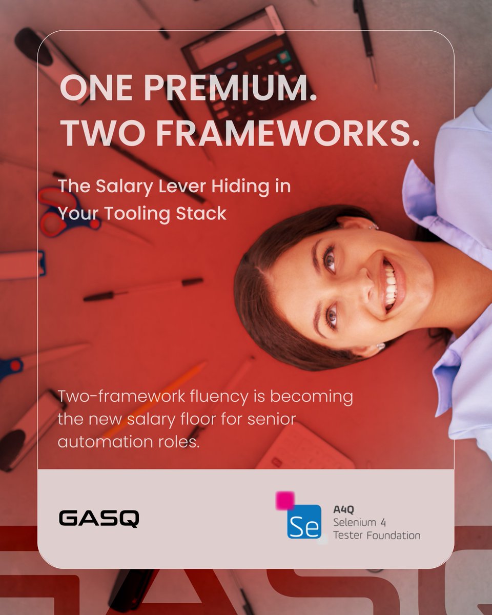 gasq's tweet photo. Single-tool automation limits salaries. Testers skilled in Selenium 4 &amp; Playwright earn 15-25% more.

Get certified with GASQ: https://t.co/rvlEQhJLIF 

#Selenium #TestAutomation #WebDriver https://t.co/ZrUgvAiTHn
