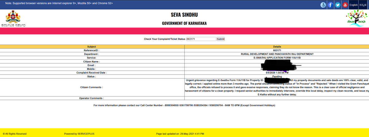 Remorashi's tweet photo. @GoK_SevaSindhu @CommrPR @rdprgok @eshwar_khandre @PriyankKharge @krishnabgowda  Urgent! E-Swathu Form 11A/11B stuck >3 months with conflicting "In Process"/"Rejected" status. Gram Panchayat giving evasive replies despite clear records. Please intervene. Ticket ID: 663171. https://t.co/TfrOXt31JH