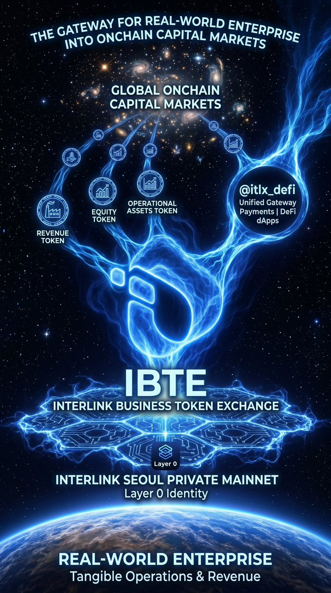 abdullahiladu's tweet photo. InterLink Business Token Exchange — The Gateway for Real-World Enterprise into Onchain Capital Markets

This is the infrastructure layer that bridges traditional business with the next era of tokenized economies.

IBTE — InterLink Business Token Exchange — is now in active development as the premier marketplace for Business Tokens.
Here’s what it unlocks:

Real businesses — from established enterprises to high-growth ventures — will be able to move onchain with confidence. 

They can tokenize their economic activity, revenue streams, equity, and operational assets in a compliant, secure, and sovereign manner.

Through the InterLink ecosystem, these tokenized businesses gain direct access to:
•Global communities of users and believers
•Sophisticated digital capital markets
•Seamless liquidity and discovery mechanisms
•Integrated payments, DeFi, and dApp capabilities via @itlx_defi

No more fragmented rails. 
No more gatekeepers.

IBTE creates a new asset class — Business Tokens that represent real economic value, backed by tangible operations, revenue, and innovation. It connects the physical world of enterprise with the borderless efficiency of blockchain.

This is not speculative meme infrastructure.
This is institutional-grade tokenization infrastructure purpose-built for serious businesses that want to unlock new forms of capital formation, customer ownership, and ecosystem participation.

Powered by InterLink’s sovereign Seoul Private Mainnet, Layer 0 identity, and the unified @itlx_defi gateway — IBTE is being engineered as the elite venue where traditional business meets decentralized finance at the highest level.

The implications are profound:
•Businesses gain programmable ownership and community alignment
•Investors access previously unavailable real-world yield and growth opportunities
•Communities participate directly in the success of the brands they love

This is the missing bridge.
The professionalization of tokenization. The maturation of Web3 into a true parallel economy.

IBTE is where real businesses go onchain — and thrive.
The InterLink vision continues to expand with precision and ambition. 
From sovereign infrastructure to DeFi access to now enterprise tokenization — the stack is compounding.

Stay ahead.

The tokenized business era begins here.

#Interlink #ITLG #ITL