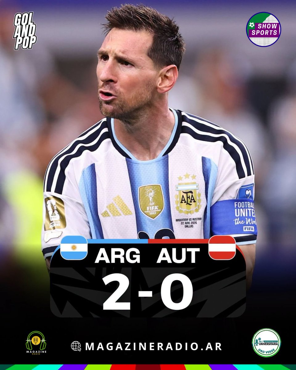 wjucaniMagazine's tweet photo. ✨🇦🇷 ¡CLASIFICADOS POR LA MAGIA DEL DIEZ!
🇦🇷 #Argentina 2️⃣–0️⃣ 🇦🇹 #Austria

⚽️ Goles:
• Lionel Andrés Messi (2)

📍 Dallas – 2da fecha del Grupo J de la Copa #Mundial2026
✅ La Albiceleste ya está clasificada a 16avos y hoy podría asegurar el primer puesto.

#Messi #FIFAWorldCup https://t.co/yi0t8McnDm